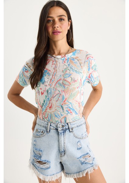 Kadın Bisiklet Yaka Desenli Dijital Baskılı Regular Yazlık Örme T-Shirt fiyatları