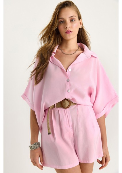 Kadın Yarasa Kol Oversize Gömlek Hasır Kemerli Şort Modal Takım