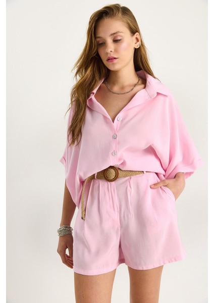 Kadın Yarasa Kol Oversize Gömlek Hasır Kemerli Şort Modal Takım modelleri