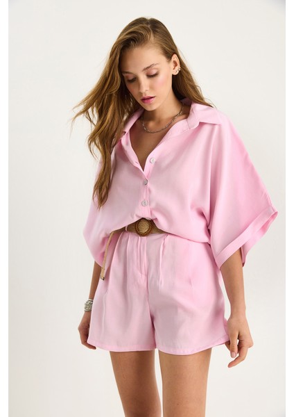 Kadın Yarasa Kol Oversize Gömlek Hasır Kemerli Şort Modal Takım fırsatları