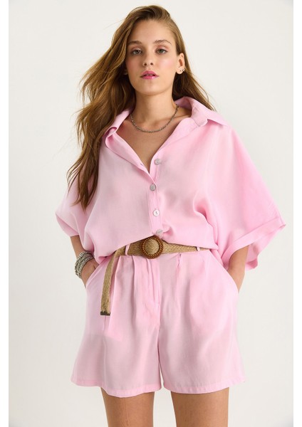 Kadın Yarasa Kol Oversize Gömlek Hasır Kemerli Şort Modal Takım indirimleri