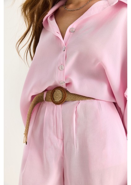 Kadın Yarasa Kol Oversize Gömlek Hasır Kemerli Şort Modal Takım