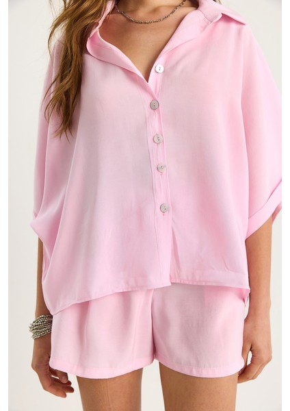 Kadın Yarasa Kol Oversize Gömlek Hasır Kemerli Şort Modal Takım