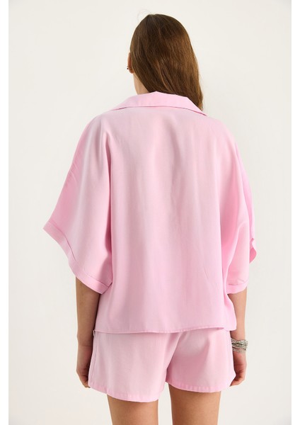 Kadın Yarasa Kol Oversize Gömlek Hasır Kemerli Şort Modal Takım