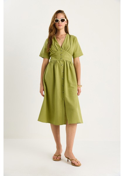 Kadın V Yaka Bel Detaylı Düğmeli Kısa Kollu Viskon Keten Elbise fiyatları