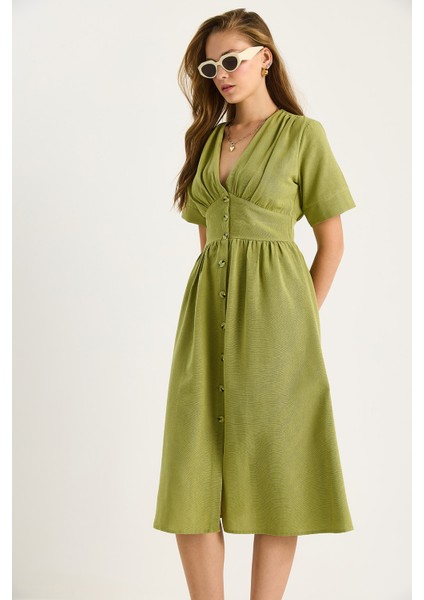 Kadın V Yaka Bel Detaylı Düğmeli Kısa Kollu Viskon Keten Elbise modelleri