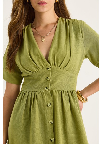 Kadın V Yaka Bel Detaylı Düğmeli Kısa Kollu Viskon Keten Elbise fırsatları