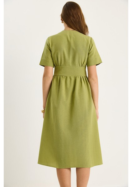 Kadın V Yaka Bel Detaylı Düğmeli Kısa Kollu Viskon Keten Elbise indirimleri