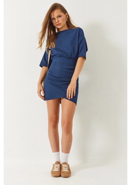 Kadın Beli Lastikli Yarasa Kollu Kruvaze Etekli Basic Elbise fiyatları