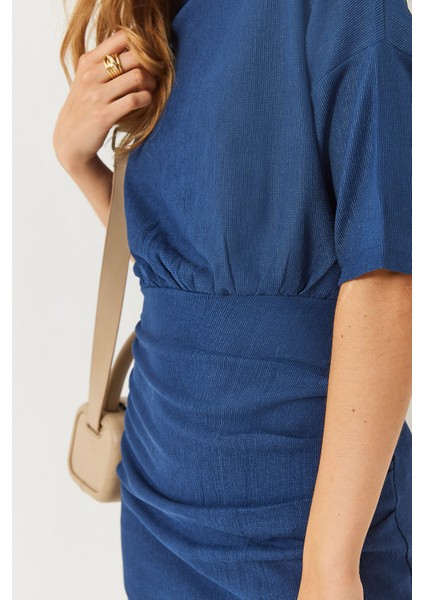 Kadın Beli Lastikli Yarasa Kollu Kruvaze Etekli Basic Elbise fırsatları