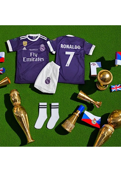 Ronaldo Nostalji Mor Renk Real Çocuk Şortlu Çoraplı T-Shirt