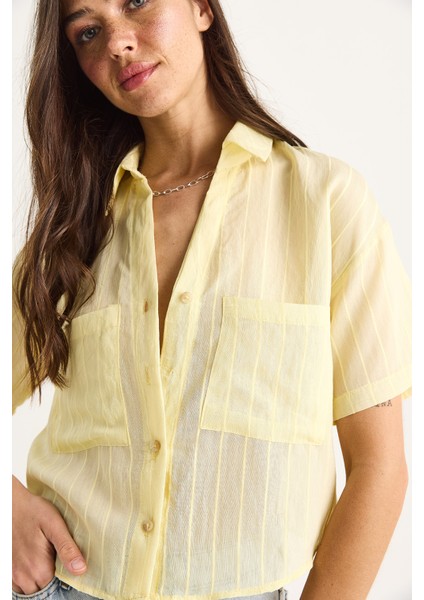 Kadın Kendinden Çizgili Çift Cep Detaylı Viskon Crop Gömlek fırsatları