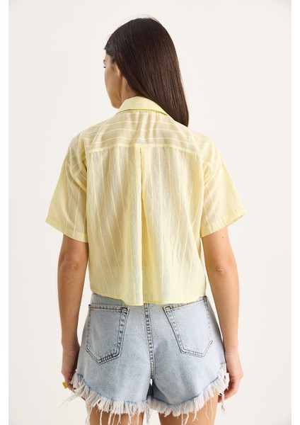 Kadın Kendinden Çizgili Çift Cep Detaylı Viskon Crop Gömlek indirimleri