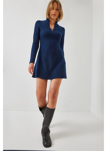 Kadın Fermuarlı Fitilli Ottoman Kumaş Elbise