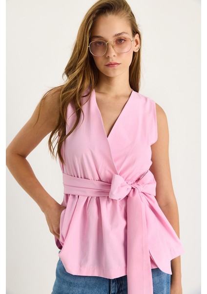 Kadın Beli Lastikli Kruvaze Yaka Kuşaklı Poplin Bluz