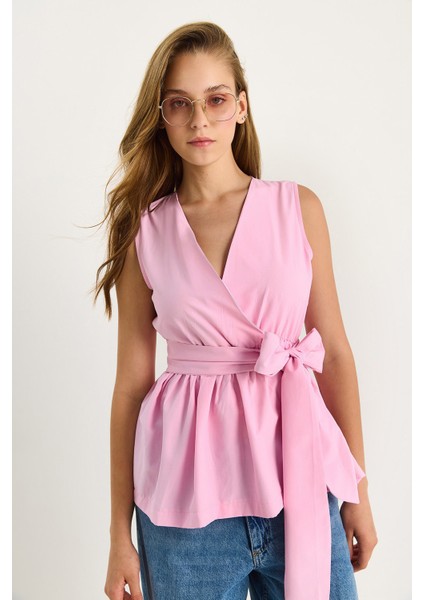 Kadın Beli Lastikli Kruvaze Yaka Kuşaklı Poplin Bluz modelleri