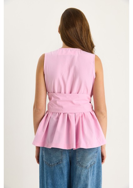 Kadın Beli Lastikli Kruvaze Yaka Kuşaklı Poplin Bluz indirimleri