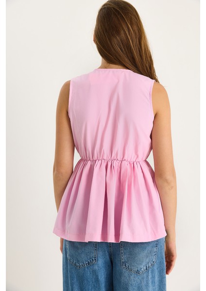 Kadın Beli Lastikli Kruvaze Yaka Kuşaklı Poplin Bluz