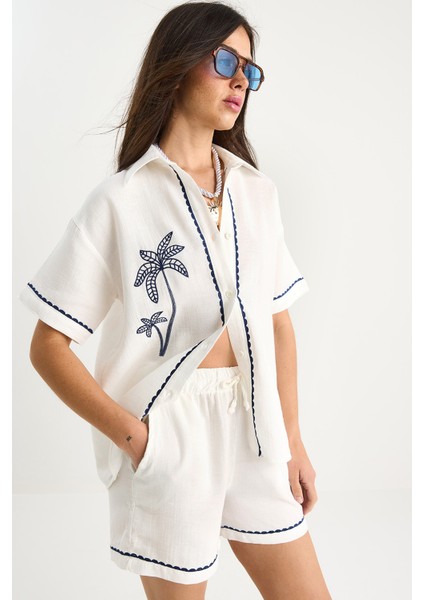 Kadın Palmiye Nakışlı Rahat Gömlek Cep Detaylı Şort Müslin Alt-Üst Takım G-