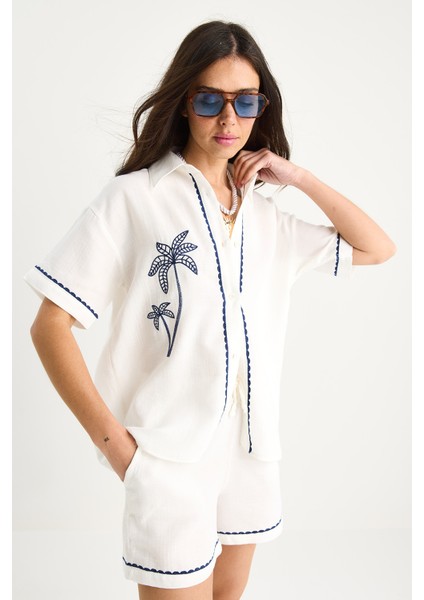 Kadın Palmiye Nakışlı Rahat Gömlek Cep Detaylı Şort Müslin Alt-Üst Takım G- fiyatları