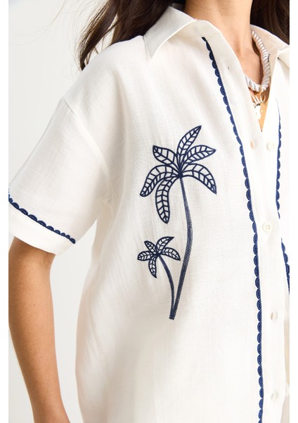 Kadın Palmiye Nakışlı Rahat Gömlek Cep Detaylı Şort Müslin Alt-Üst Takım G- modelleri
