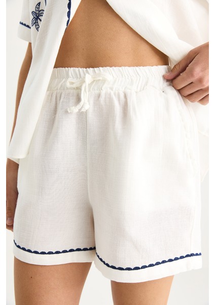 Kadın Palmiye Nakışlı Rahat Gömlek Cep Detaylı Şort Müslin Alt-Üst Takım G- fırsatları