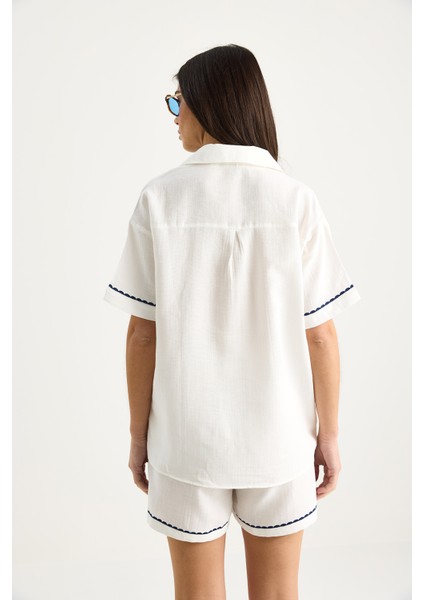 Kadın Palmiye Nakışlı Rahat Gömlek Cep Detaylı Şort Müslin Alt-Üst Takım G- indirimleri