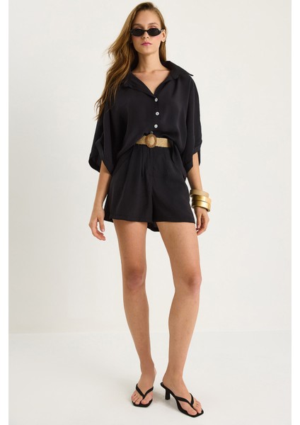 Kadın Yarasa Kol Oversize Gömlek Hasır Kemerli Şort Modal Takım