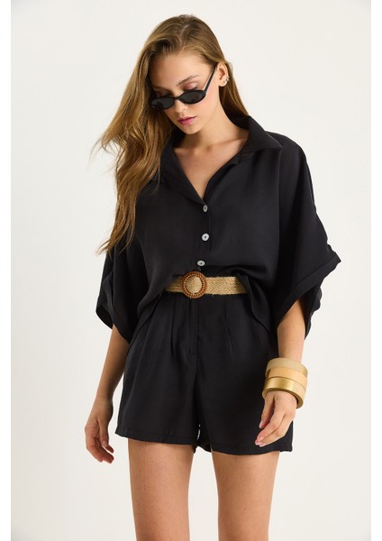 Kadın Yarasa Kol Oversize Gömlek Hasır Kemerli Şort Modal Takım fiyatları