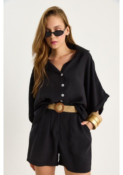 Kadın Yarasa Kol Oversize Gömlek Hasır Kemerli Şort Modal Takım fırsatları