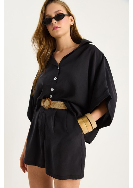 Kadın Yarasa Kol Oversize Gömlek Hasır Kemerli Şort Modal Takım indirimleri