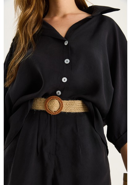 Kadın Yarasa Kol Oversize Gömlek Hasır Kemerli Şort Modal Takım