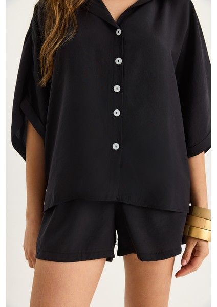 Kadın Yarasa Kol Oversize Gömlek Hasır Kemerli Şort Modal Takım