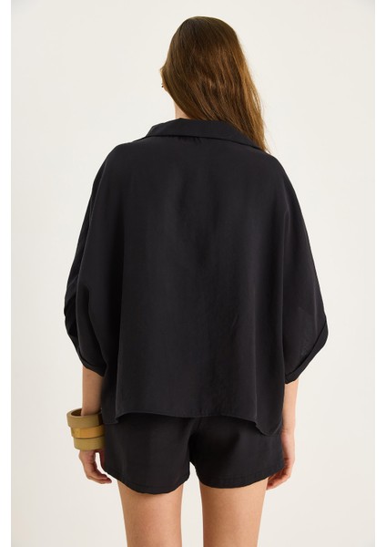 Kadın Yarasa Kol Oversize Gömlek Hasır Kemerli Şort Modal Takım