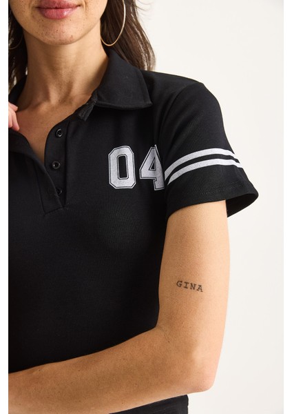 Kadın Polo Yaka Baskılı Kısa Kollu Crop T-Shirt