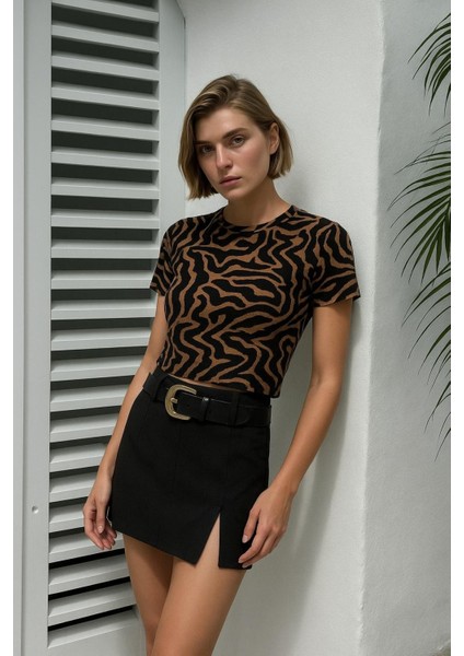 Zebra Desenli Crop Bluz