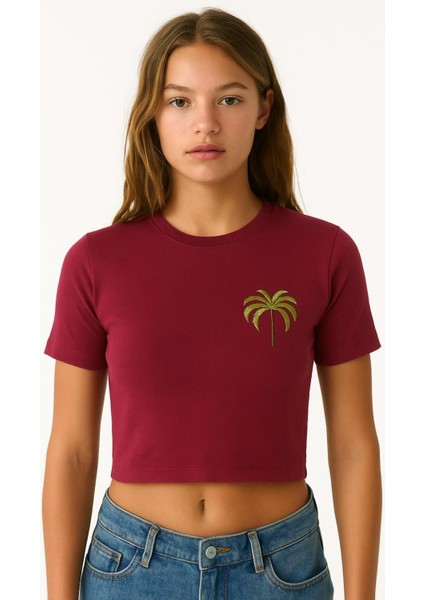 Palmiye Baskılı Viskon Ribana Crop T-Shırt