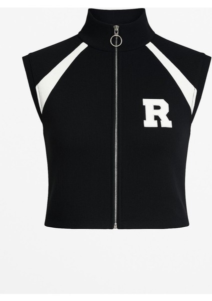 Raglan Kollu R Nakışlı Fermuarlı Crop Bluz
