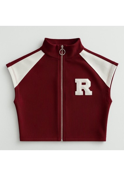 Raglan Kollu R Nakışlı Fermuarlı Crop Bluz