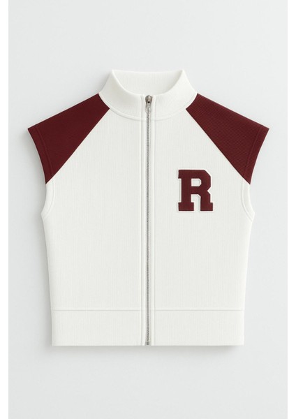 Raglan Kollu R Nakışlı Fermuarlı Crop Bluz