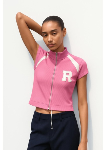 Raglan Kollu R Nakışlı Fermuarlı Crop Bluz