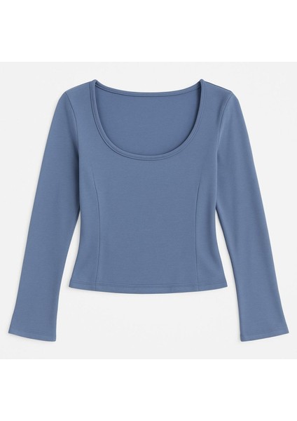 Fitted Havuz Yaka Dikiş Detaylı Stretch Crop Bluz