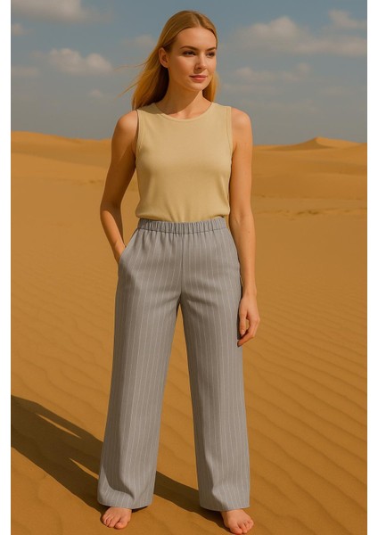 Çizgi Detaylı Cepli Palazzo Pantolon