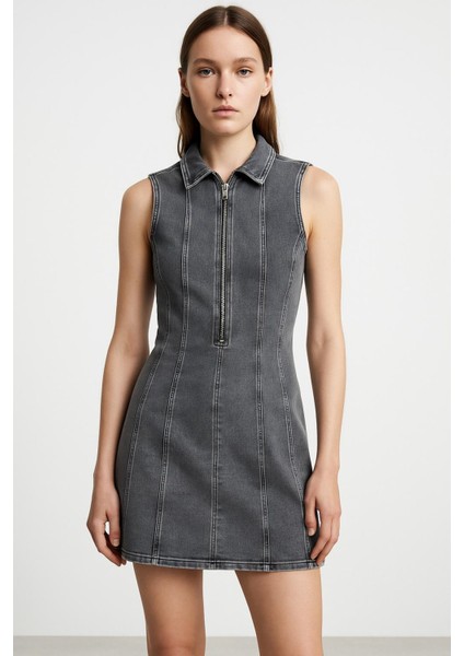 Polo Yaka Fermuarlı Denim Elbise