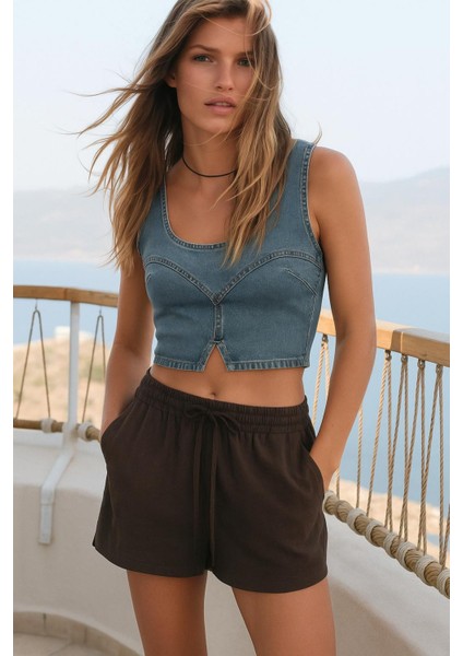 Dikiş Detaylı Fitted/vücuda Oturan Crop Denim Bluz
