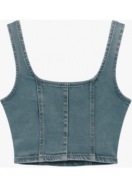 Dikiş Detaylı Fitted/vücuda Oturan Crop Denim Bluz modelleri