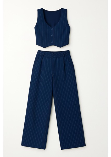 Çizgili Yelekli Jakar Krep Takım modelleri