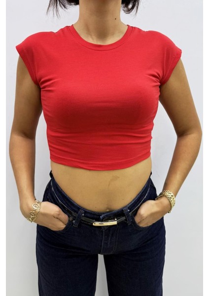 Düşük Kol Likralı Kırmızı Crop Tshirt - MGN4798