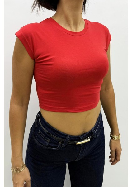 Düşük Kol Likralı Kırmızı Crop Tshirt - MGN4798 fiyatları