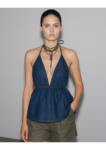 Ip Askılı Fırfır Detay Denim Bluz modelleri